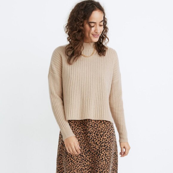 Madewell Recycled Cashmere Ribbed Mockneck Sweater Tan XXS Oversized Cozy - Picture 1 of 16